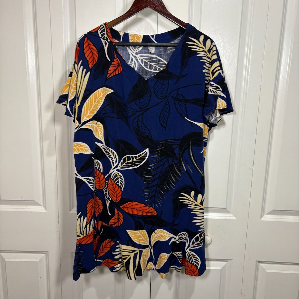 Vintage Style Hawaiian Floral Mini Dress Blue Orange Boho Flowy Resort Y2K XL